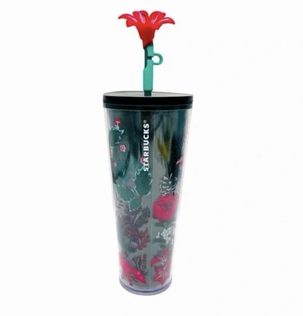 NEW Starbucks Floral Cup with Lid and Flower Straw, Green Red Clear Coffee Tea